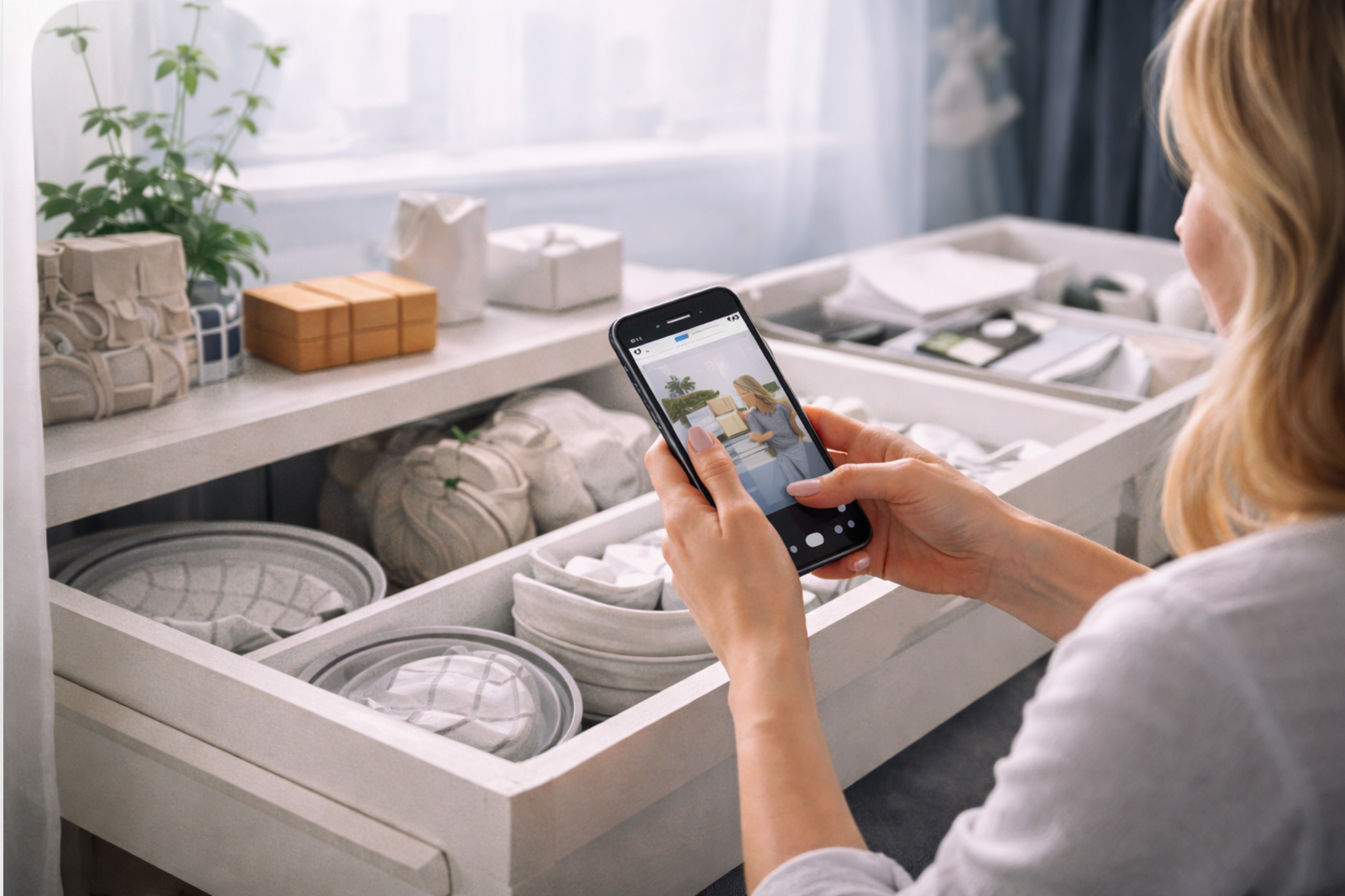 Operadora usando un celular para fotografiar un dormitorio y comenzar el inventario