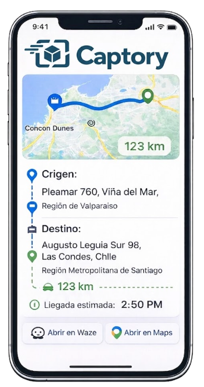 Operación de mudanzas en Captory con ruta, tiempos y seguimiento